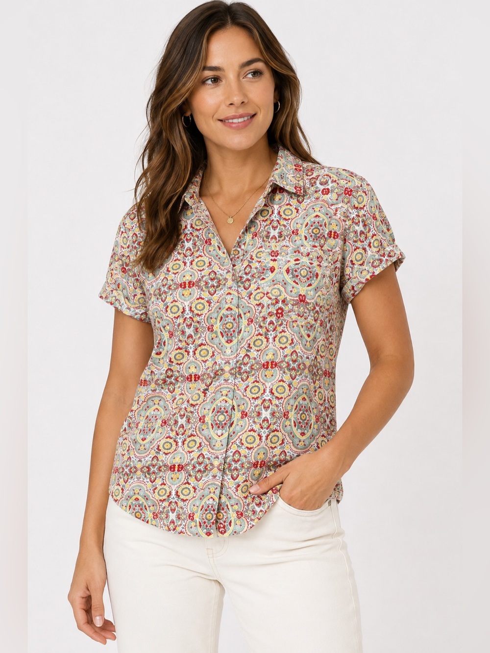 Woolrich Women’s Medallion Print Short Sleeve Button Front Shirt Size Medium